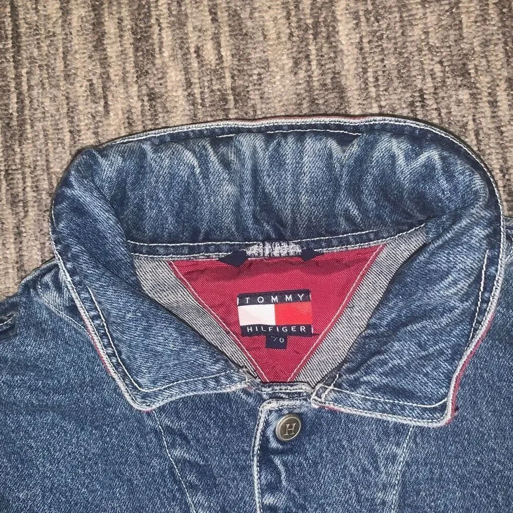 VTG Tommy Hilfiger Womens Size Large Button Front‎ Denim Jacket Blue Hidden Hood